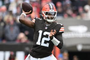 CLEVELAND, OHIO - NOVEMBER 30: Shedeur Sanders #12 of the Cleveland Browns passes the ball against the San Francisco 49ers during the first quarter at Huntington Bank Field on November 30, 2025 in Cleveland, Ohio.