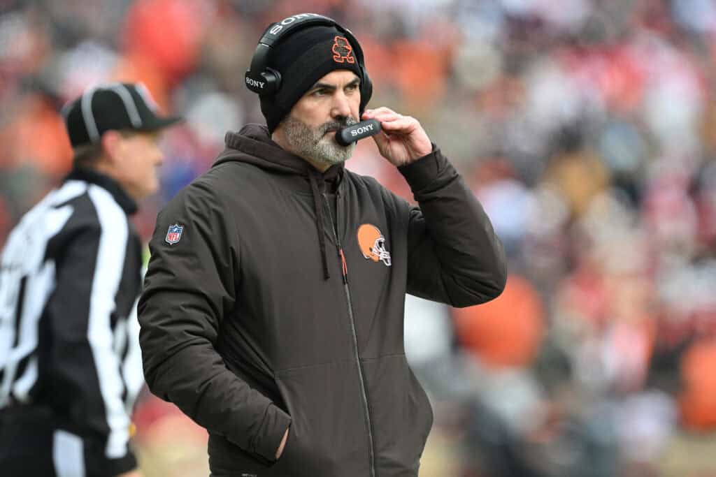 CLEVELAND, OHIO - NOVEMBER 30: Head coach Kevin Stefanski of the Cleveland Browns looks on from the sidelines in the second quarter of a game against the San Francisco 49ers at Huntington Bank Field on November 30, 2025 in Cleveland, Ohio.