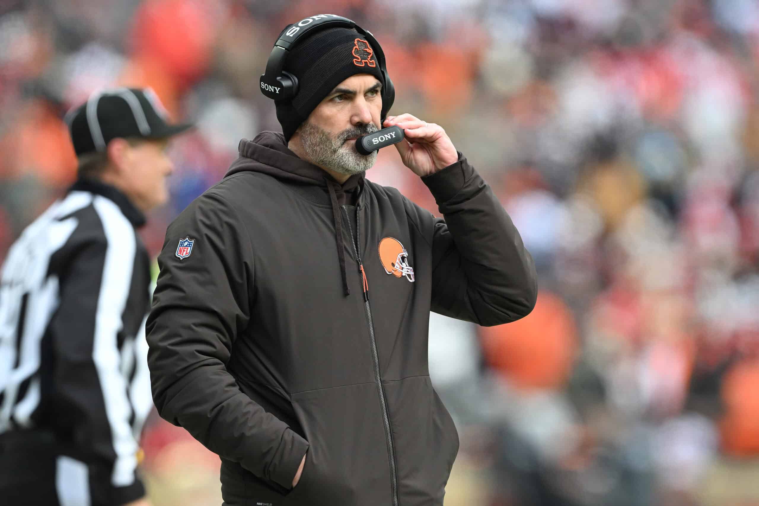 CLEVELAND, OHIO - NOVEMBER 30: Head coach Kevin Stefanski of the Cleveland Browns looks on from the sidelines in the second quarter of a game against the San Francisco 49ers at Huntington Bank Field on November 30, 2025 in Cleveland, Ohio.