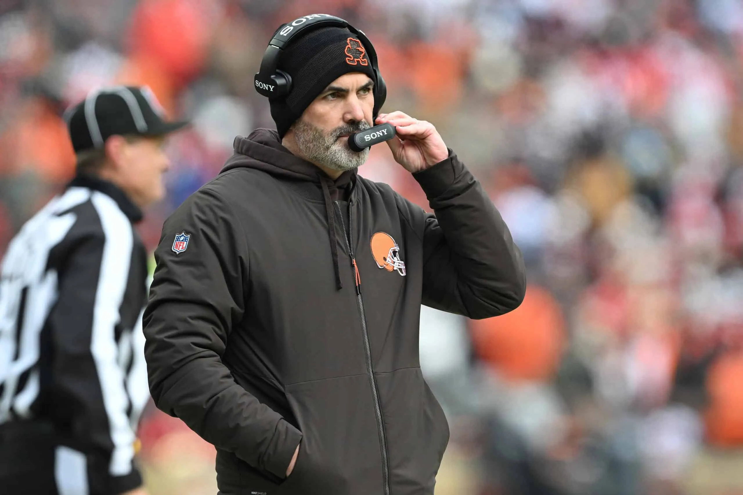 CLEVELAND, OHIO - NOVEMBER 30: Head coach Kevin Stefanski of the Cleveland Browns looks on from the sidelines in the second quarter of a game against the San Francisco 49ers at Huntington Bank Field on November 30, 2025 in Cleveland, Ohio.