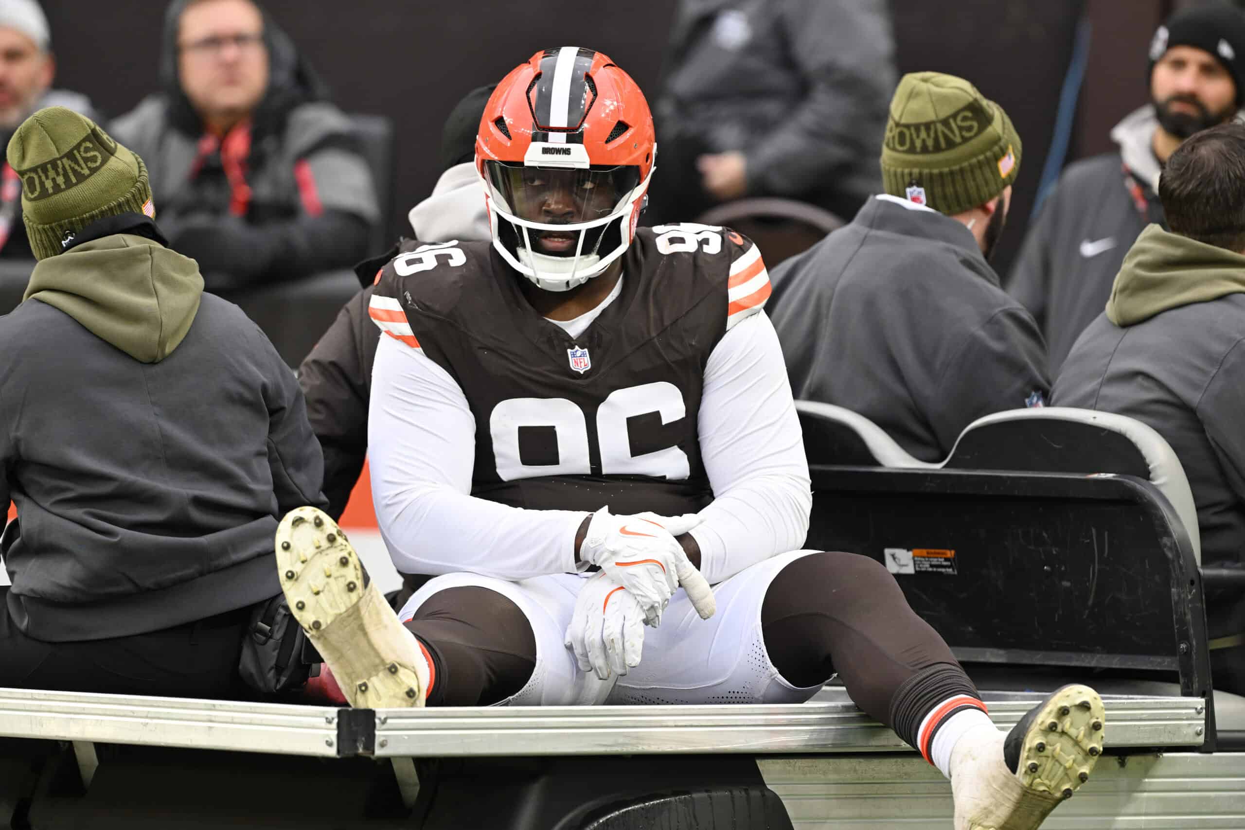 CLEVELAND, OHIO - NOVEMBER 30: Maliek Collins #96 of the Cleveland Browns is carted off of the field after being injured during the third quarter against the San Francisco 49ers at Huntington Bank Field on November 30, 2025 in Cleveland, Ohio.