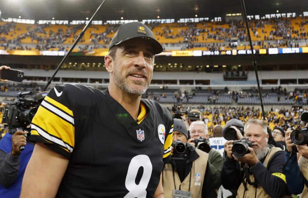 PITTSBURGH, PENNSYLVANIA - NOVEMBER 02: Aaron Rodgers #8 of the Pittsburgh Steelers walks off the field after a win against the Indianapolis Colts at Acrisure Stadium on November 02, 2025 in Pittsburgh, Pennsylvania.