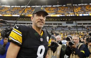 PITTSBURGH, PENNSYLVANIA - NOVEMBER 02: Aaron Rodgers #8 of the Pittsburgh Steelers walks off the field after a win against the Indianapolis Colts at Acrisure Stadium on November 02, 2025 in Pittsburgh, Pennsylvania.