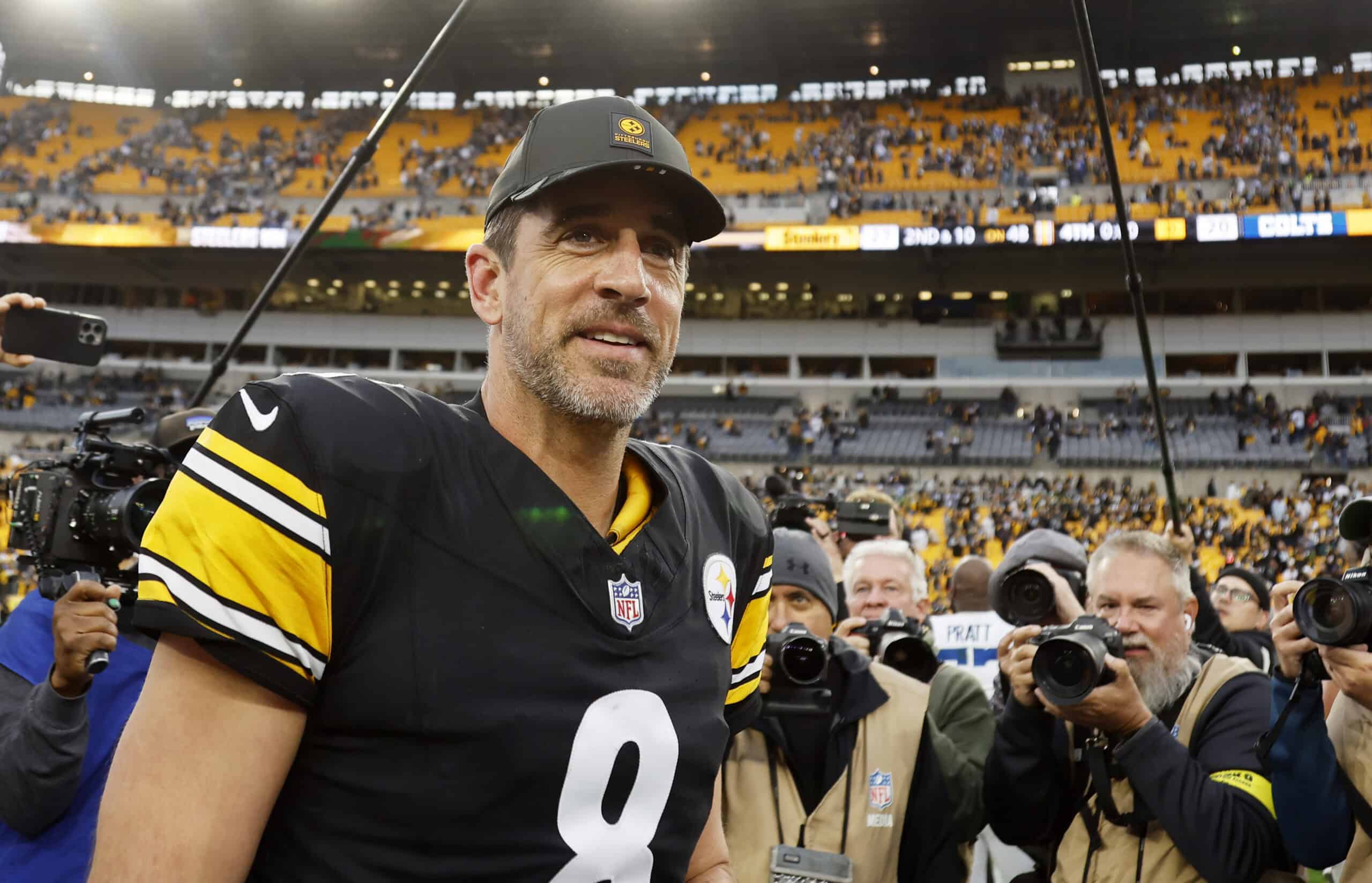 PITTSBURGH, PENNSYLVANIA - NOVEMBER 02: Aaron Rodgers #8 of the Pittsburgh Steelers walks off the field after a win against the Indianapolis Colts at Acrisure Stadium on November 02, 2025 in Pittsburgh, Pennsylvania.