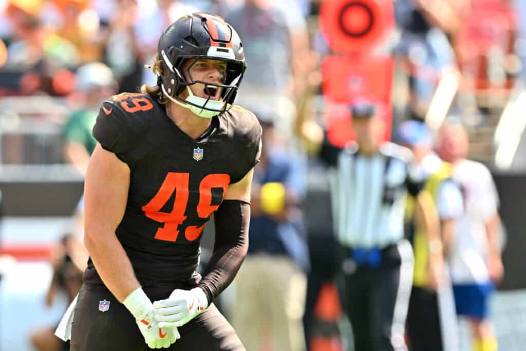 CLEVELAND, OHIO - SEPTEMBER 21: Carson Schwesinger #49 of the Cleveland Browns celebrates after a sack during the second quarter against the Green Bay Packers at Huntington Bank Field on September 21, 2025 in Cleveland, Ohio.