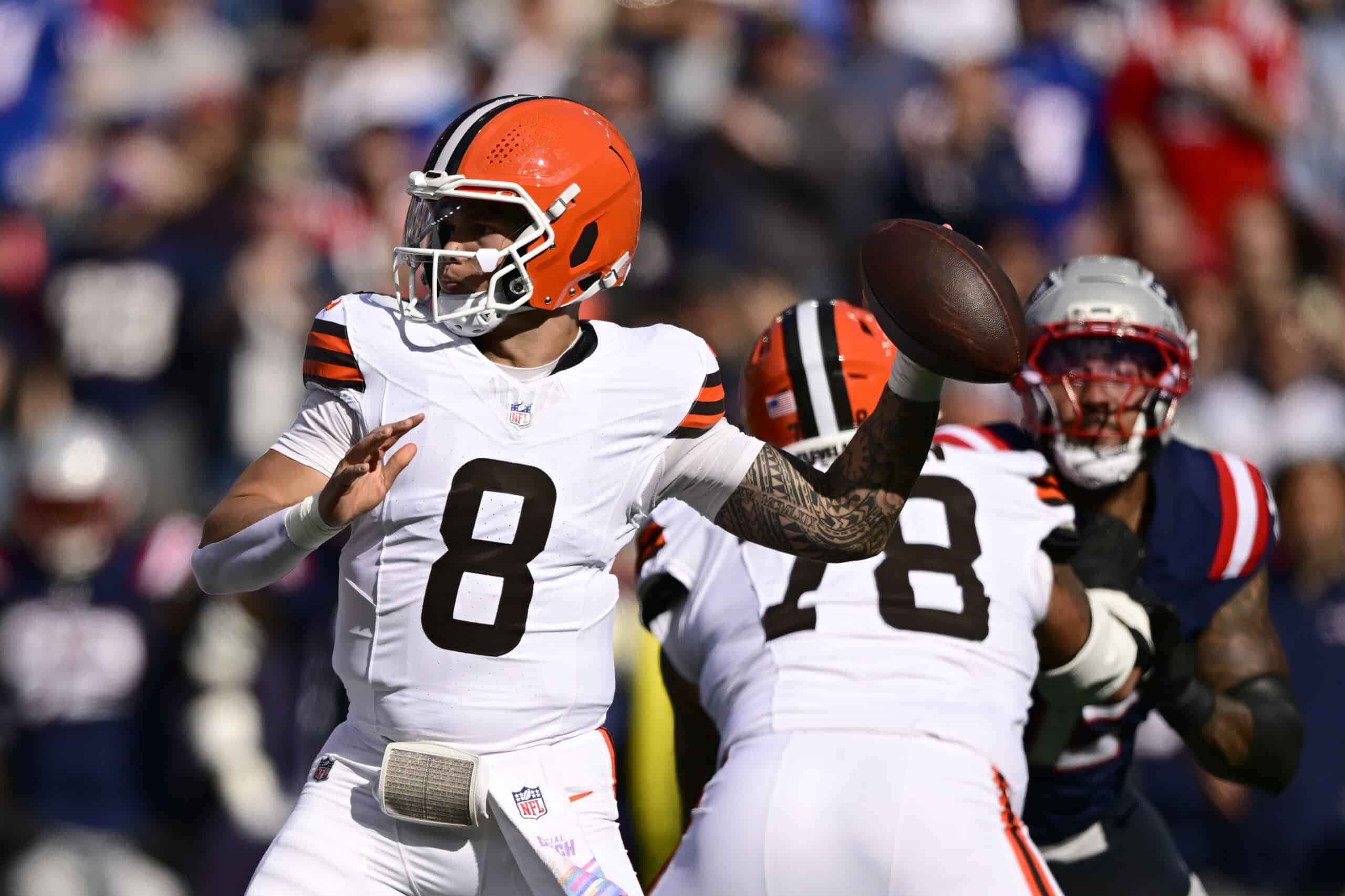 FOXBOROUGH, MASSACHUSETTS - OCTOBER 26: Dillon Gabriel #8 of the Cleveland Browns passes the ball against the New England Patriots during the second quarter in the game at Gillette Stadium on October 26, 2025 in Foxborough, Massachusetts.