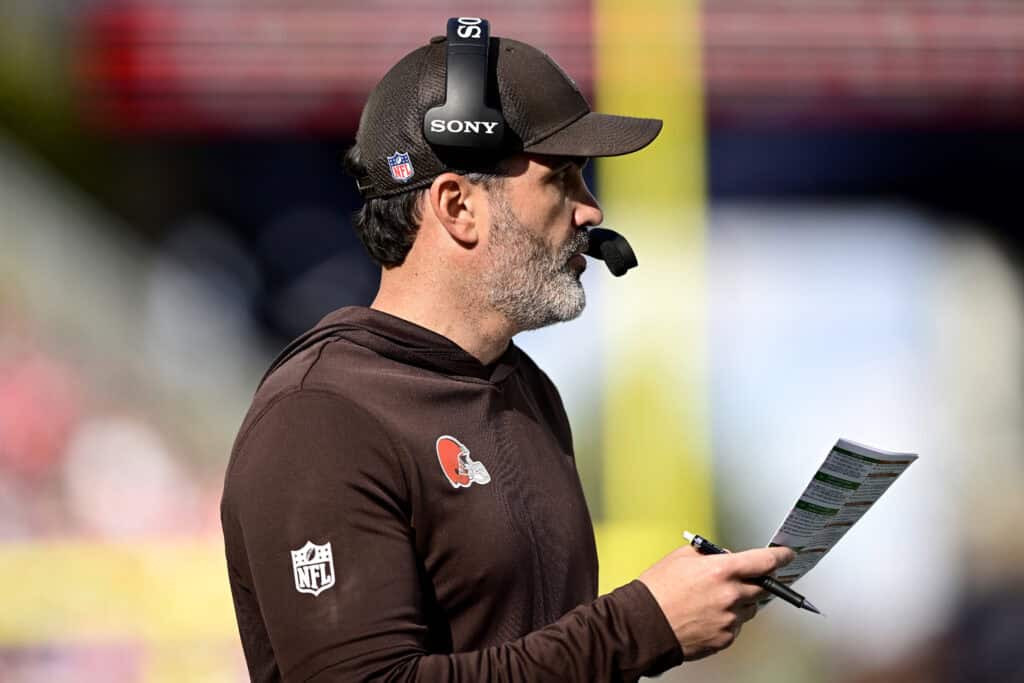 FOXBOROUGH, MASSACHUSETTS - OCTOBER 26: Head coach Kevin Stefanski of the Cleveland Browns looks on during the second quarter in the game against the New England Patriots at Gillette Stadium on October 26, 2025 in Foxborough, Massachusetts.