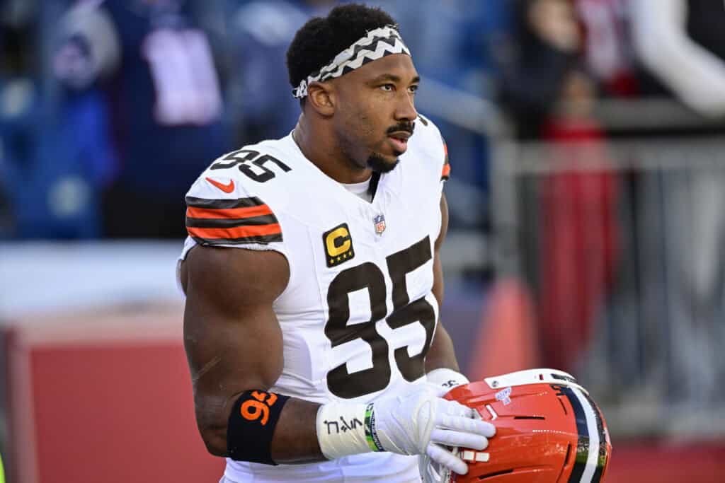 FOXBOROUGH, MASSACHUSETTS - OCTOBER 26: Myles Garrett #95 of the Cleveland Browns looks on during warmups prior to the game against the New England Patriots at Gillette Stadium on October 26, 2025 in Foxborough, Massachusetts.