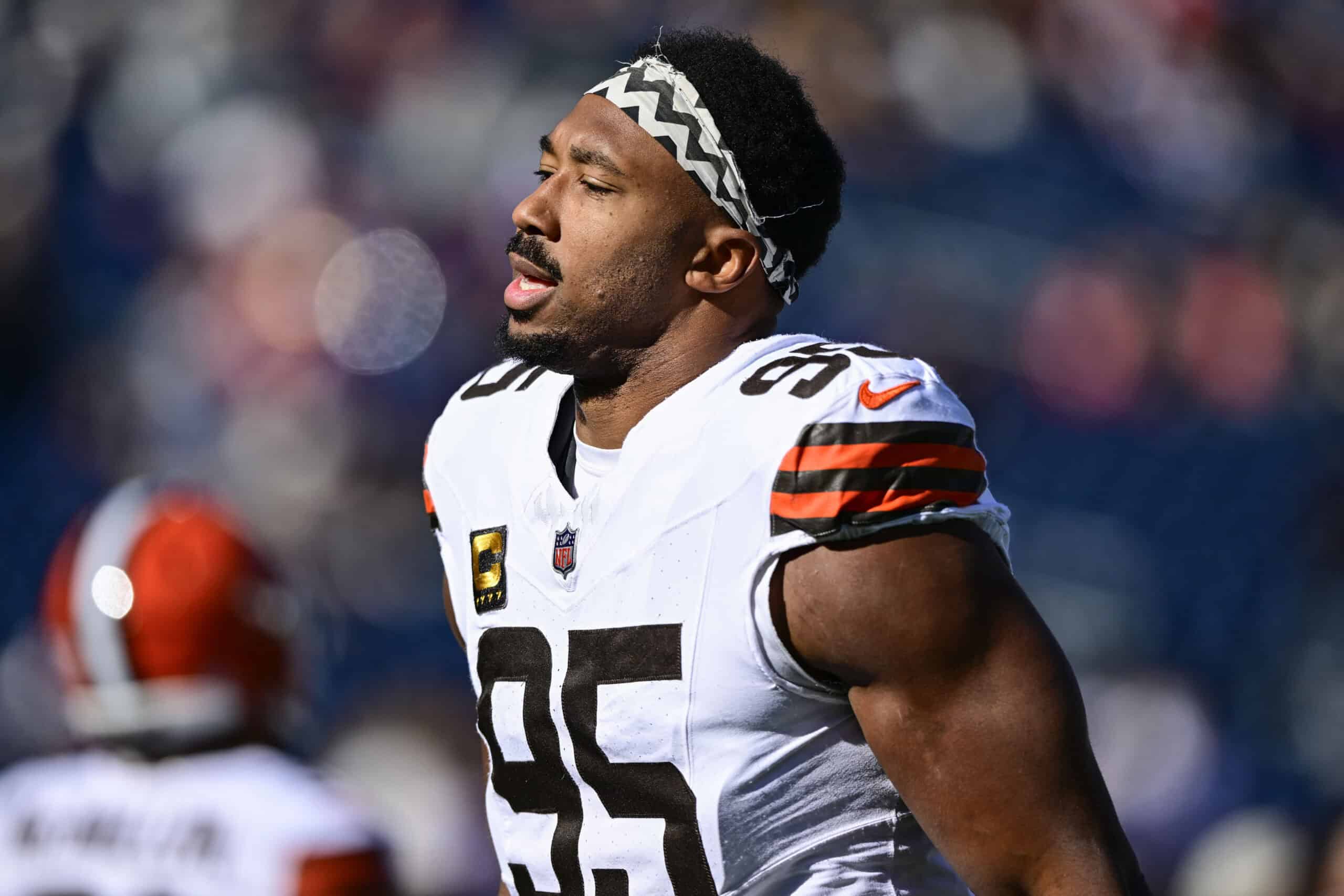 FOXBOROUGH, MASSACHUSETTS - OCTOBER 26: Myles Garrett #95 of the Cleveland Browns looks on during warmups prior to the game against the New England Patriots at Gillette Stadium on October 26, 2025 in Foxborough, Massachusetts.