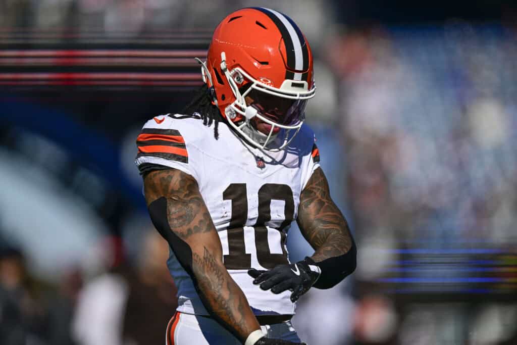 FOXBOROUGH, MASSACHUSETTS - OCTOBER 26: Quinshon Judkins #10 of the Cleveland Browns looks on during warmups prior to the game against the New England Patriots at Gillette Stadium on October 26, 2025 in Foxborough, Massachusetts.