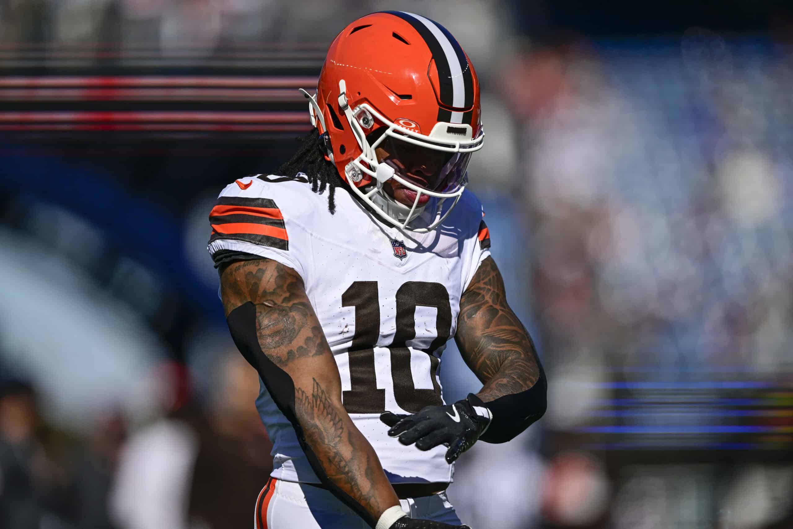 FOXBOROUGH, MASSACHUSETTS - OCTOBER 26: Quinshon Judkins #10 of the Cleveland Browns looks on during warmups prior to the game against the New England Patriots at Gillette Stadium on October 26, 2025 in Foxborough, Massachusetts.