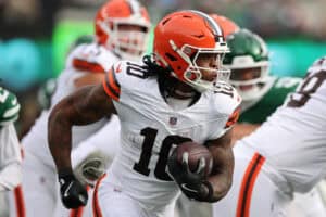 EAST RUTHERFORD, NEW JERSEY - NOVEMBER 09: Quinshon Judkins #10 of the Cleveland Browns runs the ball against the New York Jets during the first half in the game at MetLife Stadium on November 09, 2025 in East Rutherford, New Jersey.