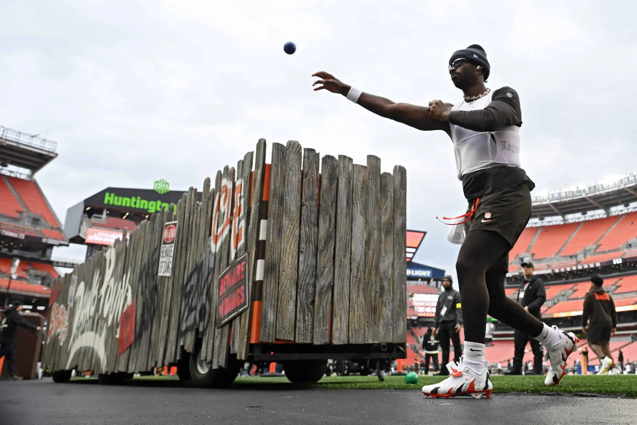 CLEVELAND, OHIO - OCTOBER 19: Shedeur Sanders #12 of the Cleveland Browns warms up prior to a game against the Miami Dolphins at Huntington Bank Field on October 19, 2025 in Cleveland, Ohio.