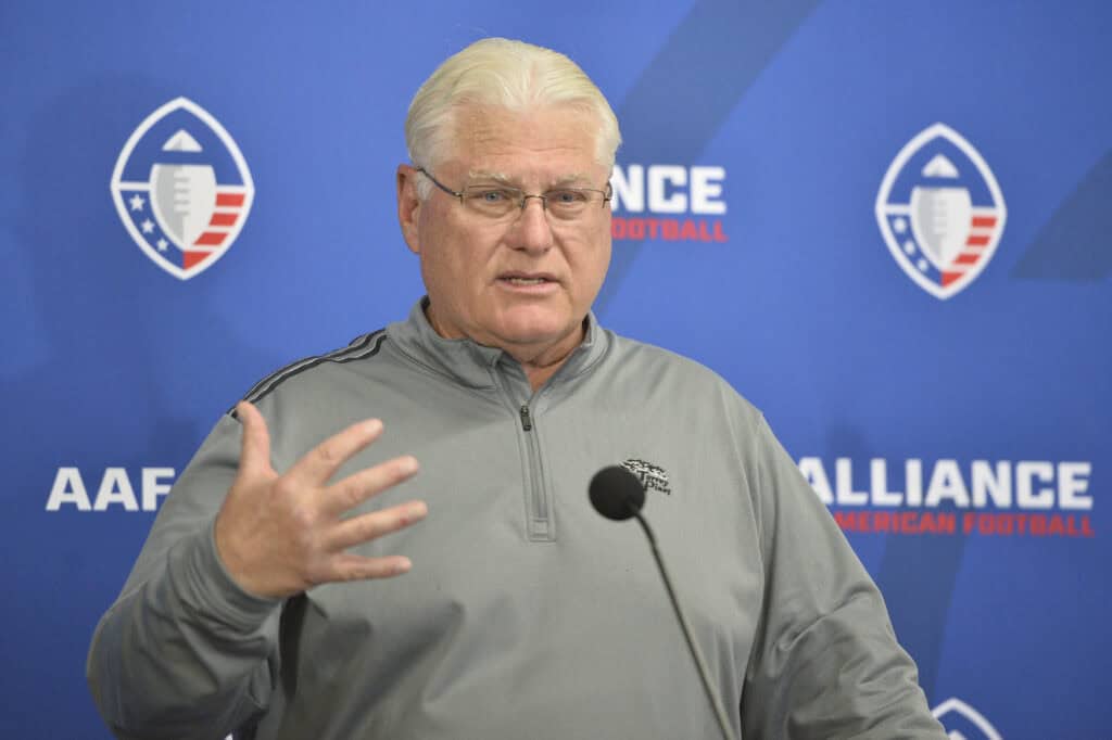 SAN DIEGO, CALIFORNIA - MARCH 17: Head coach Mike Martz of the San Diego Fleet speaks with the media during a press conference after an Alliance of American Football game against the Birmingham Iron at SDCCU Stadium on March 17, 2019 in San Diego, California.