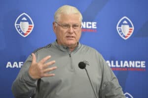 SAN DIEGO, CALIFORNIA - MARCH 17: Head coach Mike Martz of the San Diego Fleet speaks with the media during a press conference after an Alliance of American Football game against the Birmingham Iron at SDCCU Stadium on March 17, 2019 in San Diego, California.