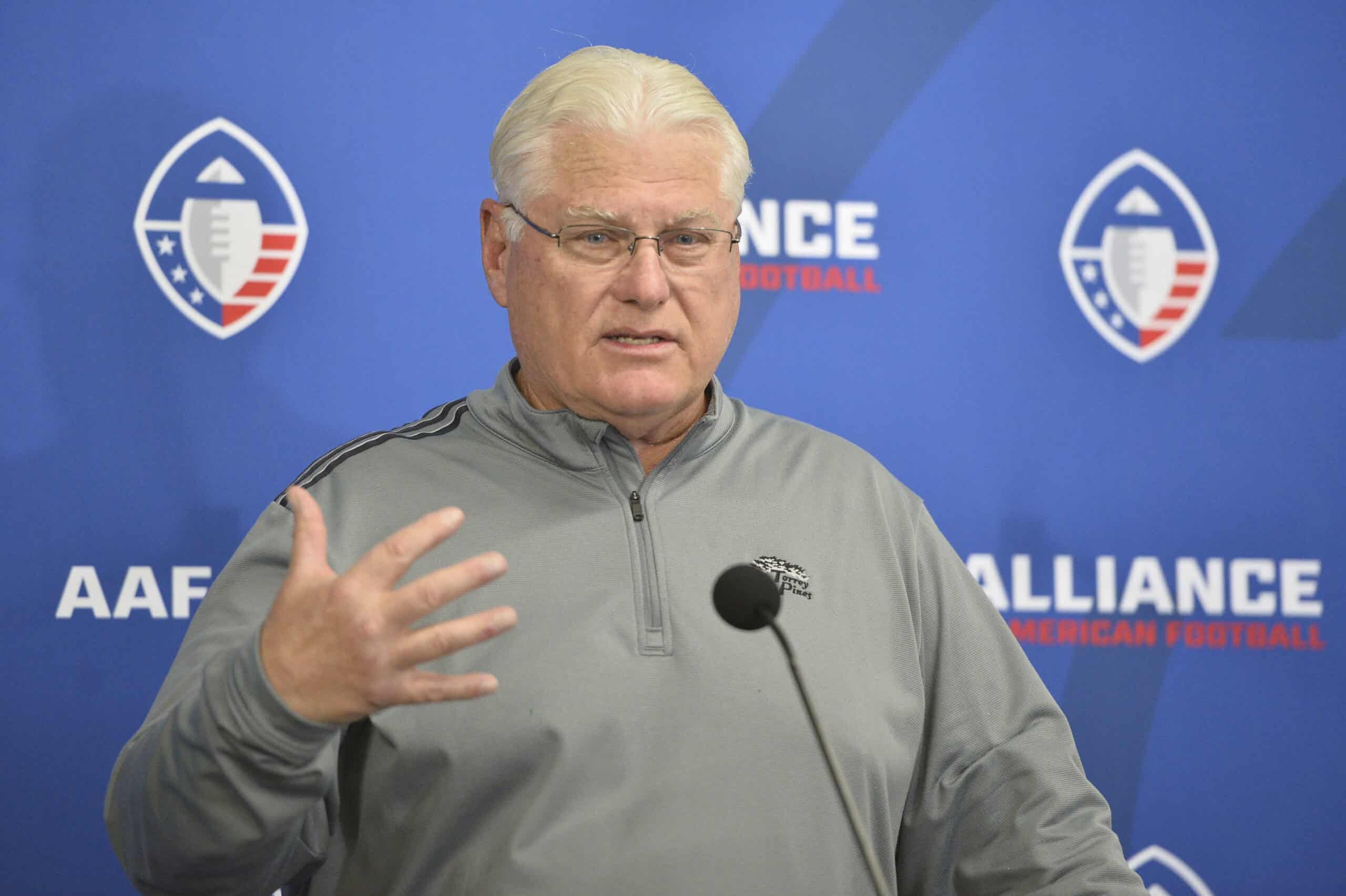 SAN DIEGO, CALIFORNIA - MARCH 17: Head coach Mike Martz of the San Diego Fleet speaks with the media during a press conference after an Alliance of American Football game against the Birmingham Iron at SDCCU Stadium on March 17, 2019 in San Diego, California.