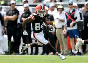 PHILADELPHIA, PENNSYLVANIA - AUGUST 16: Gage Larvadain #84 of the Cleveland Browns carries the ball in the first quarter during the NFL Preseason 2025 game between Cleveland Browns and Philadelphia Eagles at Lincoln Financial Field on August 16, 2025 in Philadelphia, Pennsylvania.