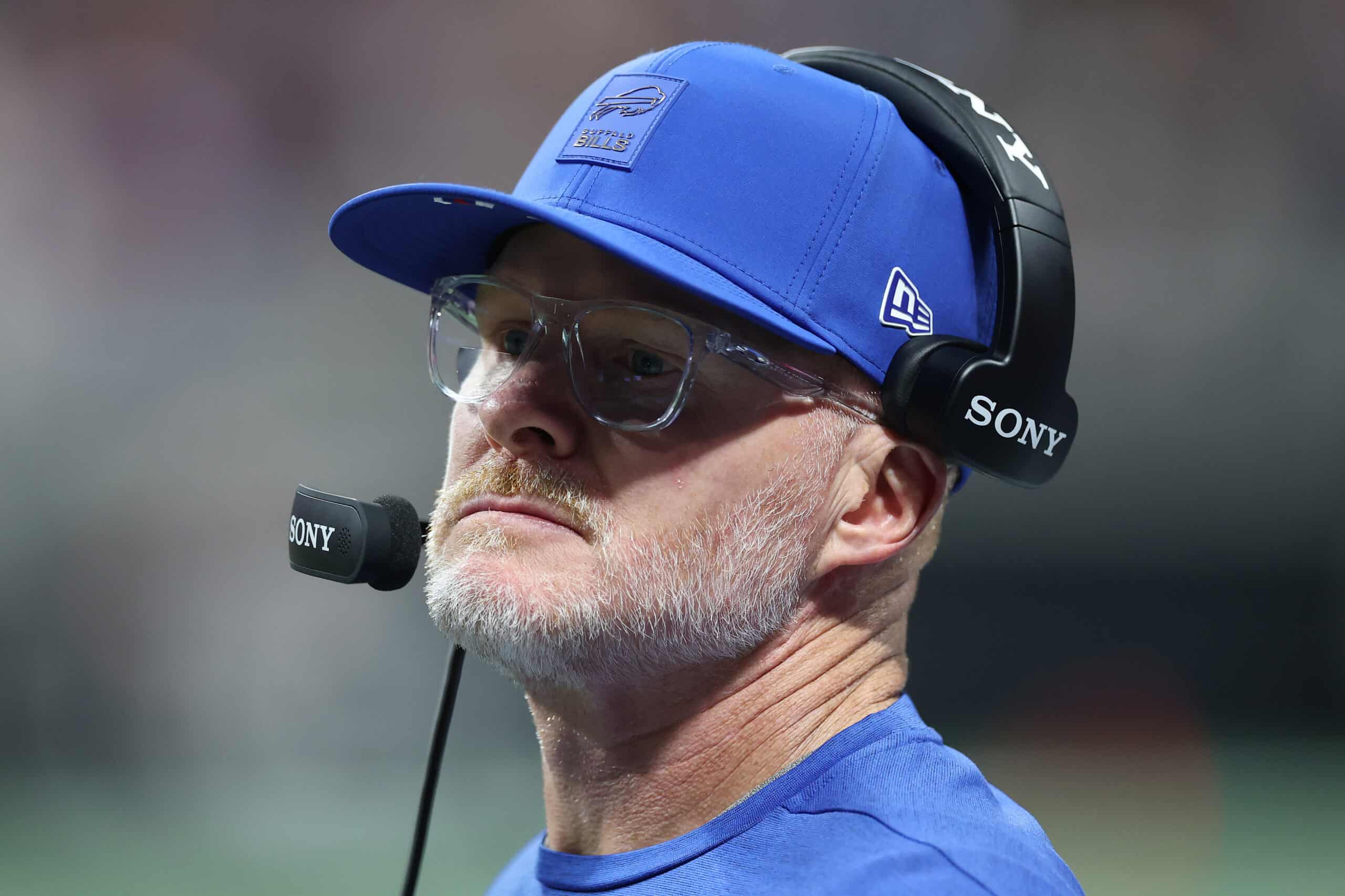 ATLANTA, GEORGIA - OCTOBER 13: Head coach Sean McDermott of the Buffalo Bills looks on in the second quarter of the game against the Atlanta Falcons at Mercedes-Benz Stadium on October 13, 2025 in Atlanta, Georgia