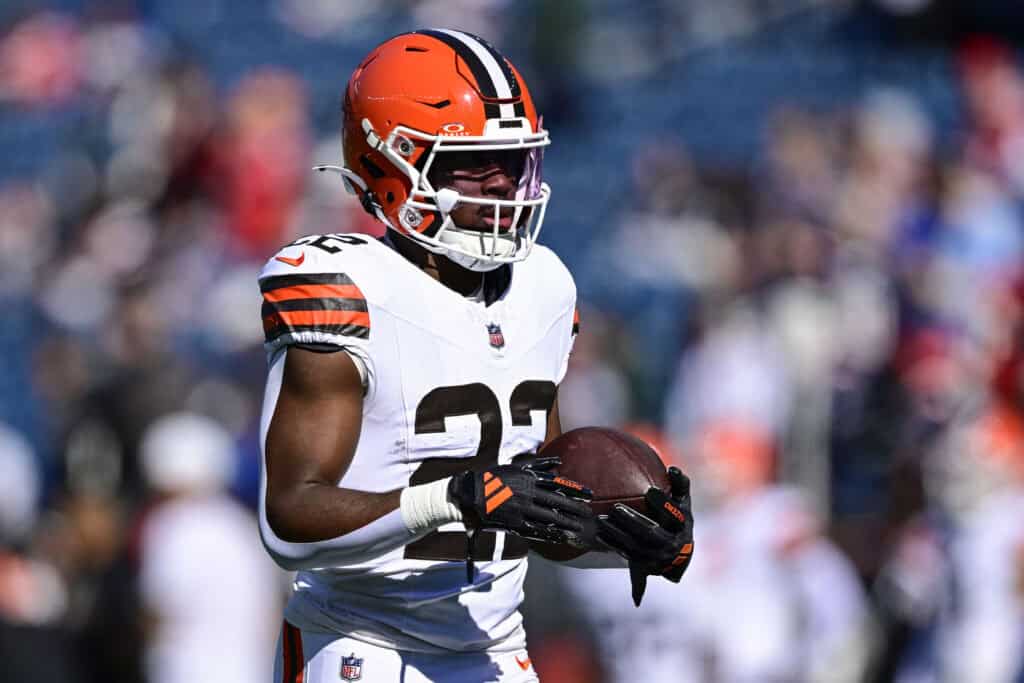 FOXBOROUGH, MASSACHUSETTS - OCTOBER 26: Dylan Sampson #22 of the Cleveland Browns looks on during warmups prior to the game against the New England Patriots at Gillette Stadium on October 26, 2025 in Foxborough, Massachusetts.