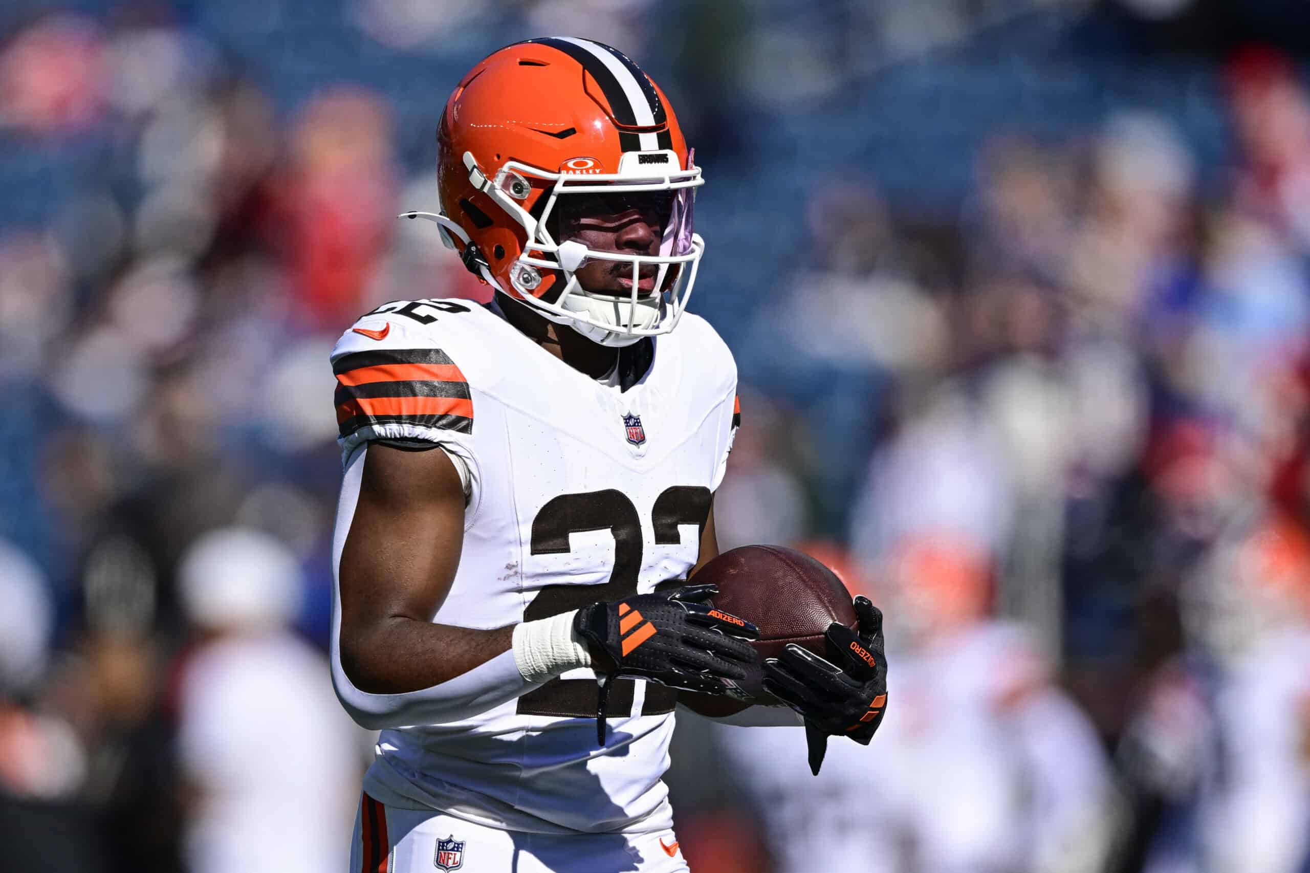 FOXBOROUGH, MASSACHUSETTS - OCTOBER 26: Dylan Sampson #22 of the Cleveland Browns looks on during warmups prior to the game against the New England Patriots at Gillette Stadium on October 26, 2025 in Foxborough, Massachusetts.