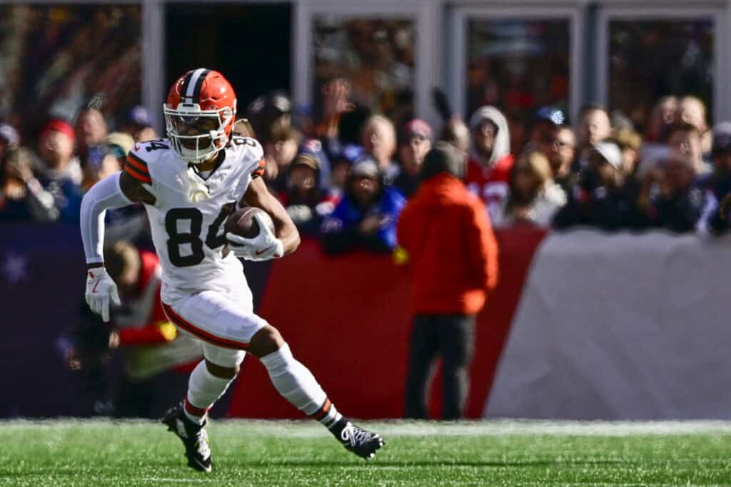 FOXBOROUGH, MASSACHUSETTS - OCTOBER 26: Gage Larvadain #84 of the Cleveland Browns carries the ball during the third quarter of the game against the New England Patriots at Gillette Stadium on October 26, 2025 in Foxborough, Massachusetts.