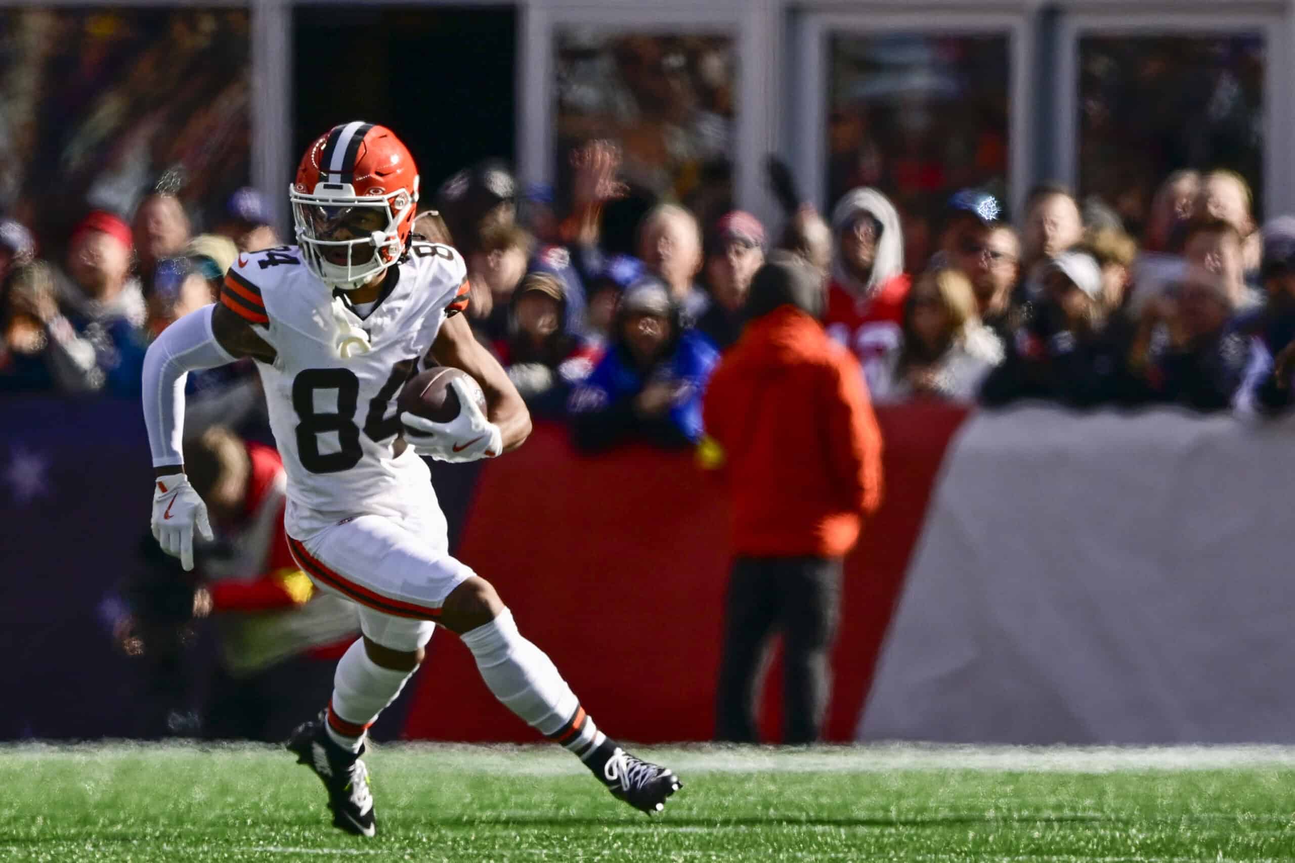 FOXBOROUGH, MASSACHUSETTS - OCTOBER 26: Gage Larvadain #84 of the Cleveland Browns carries the ball during the third quarter of the game against the New England Patriots at Gillette Stadium on October 26, 2025 in Foxborough, Massachusetts.