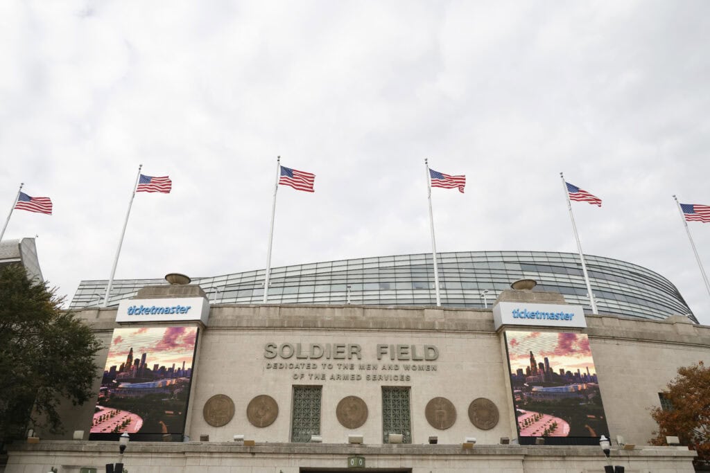 CHICAGO, ILLINOIS - OCTOBER 31: A general view of the exterior of Soldier Field ahead of The Gallagher Cup: The Rematch between Ireland and All Blacks at Soldier Field on October 31, 2025 in Chicago, Illinois.