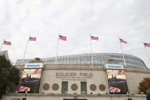 CHICAGO, ILLINOIS - OCTOBER 31: A general view of the exterior of Soldier Field ahead of The Gallagher Cup: The Rematch between Ireland and All Blacks at Soldier Field on October 31, 2025 in Chicago, Illinois.