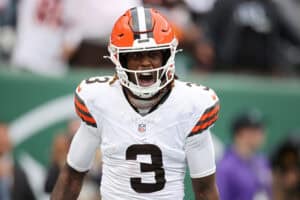 EAST RUTHERFORD, NEW JERSEY - NOVEMBER 09: Jerry Jeudy #3 of the Cleveland Browns celebrates his touchdown reception against the New York Jets during the first half in the game at MetLife Stadium on November 09, 2025 in East Rutherford, New Jersey.
