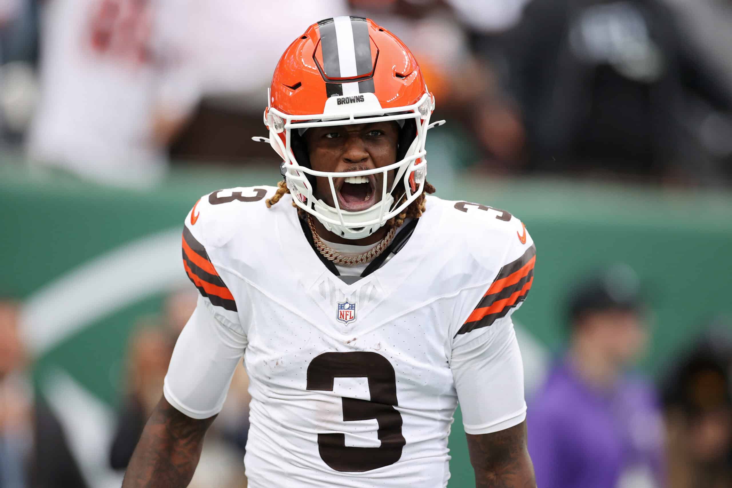 EAST RUTHERFORD, NEW JERSEY - NOVEMBER 09: Jerry Jeudy #3 of the Cleveland Browns celebrates his touchdown reception against the New York Jets during the first half in the game at MetLife Stadium on November 09, 2025 in East Rutherford, New Jersey.