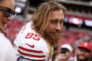GLENDALE, ARIZONA - NOVEMBER 16: George Kittle #85 of the San Francisco 49ers looks on during warmups before the game against the Arizona Cardinals at State Farm Stadium on November 16, 2025 in Glendale, Arizona.