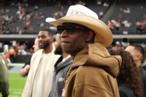 LAS VEGAS, NEVADA - NOVEMBER 23: Head coach Deion Sanders of the Colorado Buffaloes looks on prior to the game between the Cleveland Browns and the Las Vegas Raiders at Allegiant Stadium on November 23, 2025 in Las Vegas, Nevada.