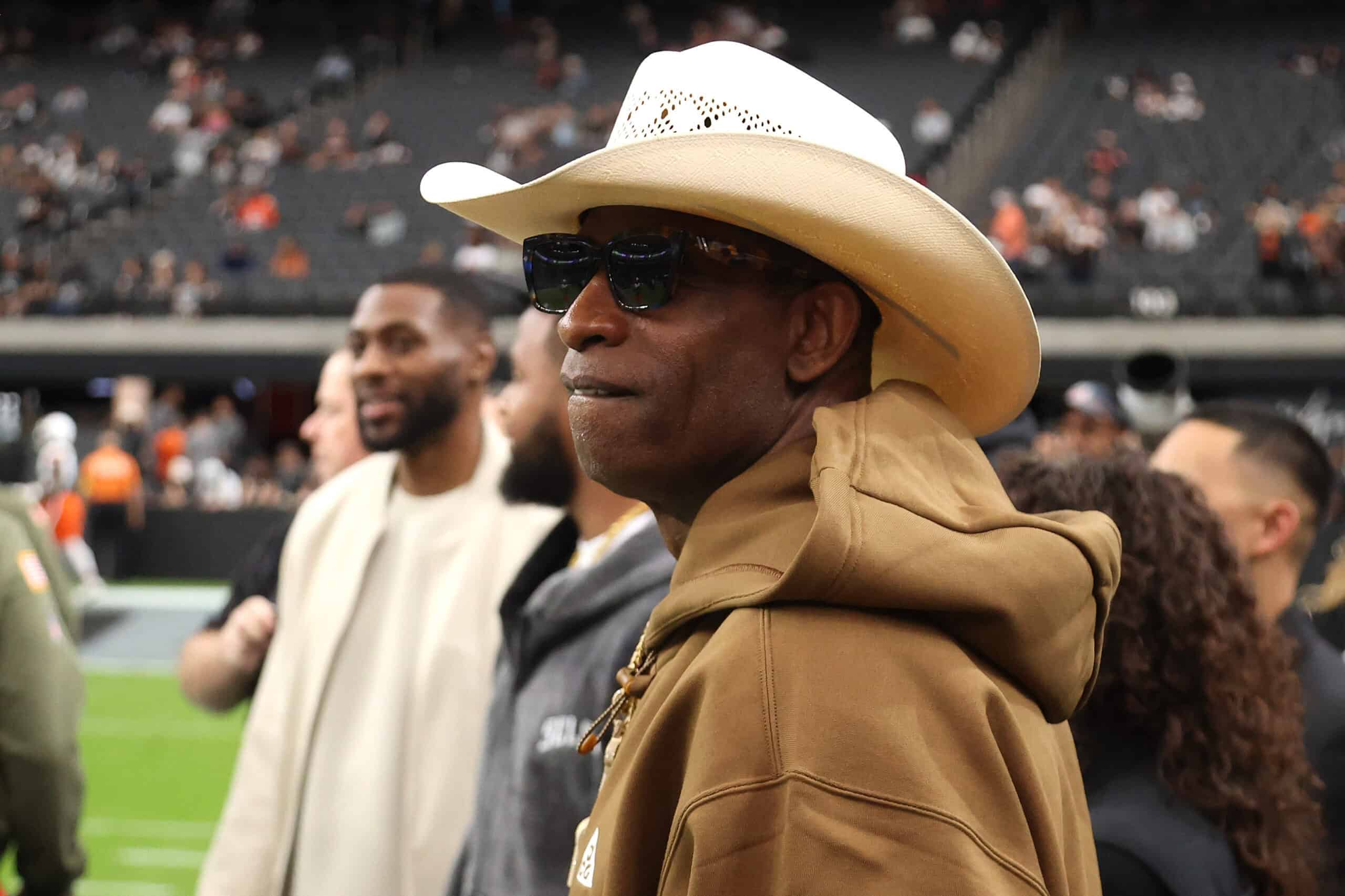 LAS VEGAS, NEVADA - NOVEMBER 23: Head coach Deion Sanders of the Colorado Buffaloes looks on prior to the game between the Cleveland Browns and the Las Vegas Raiders at Allegiant Stadium on November 23, 2025 in Las Vegas, Nevada.