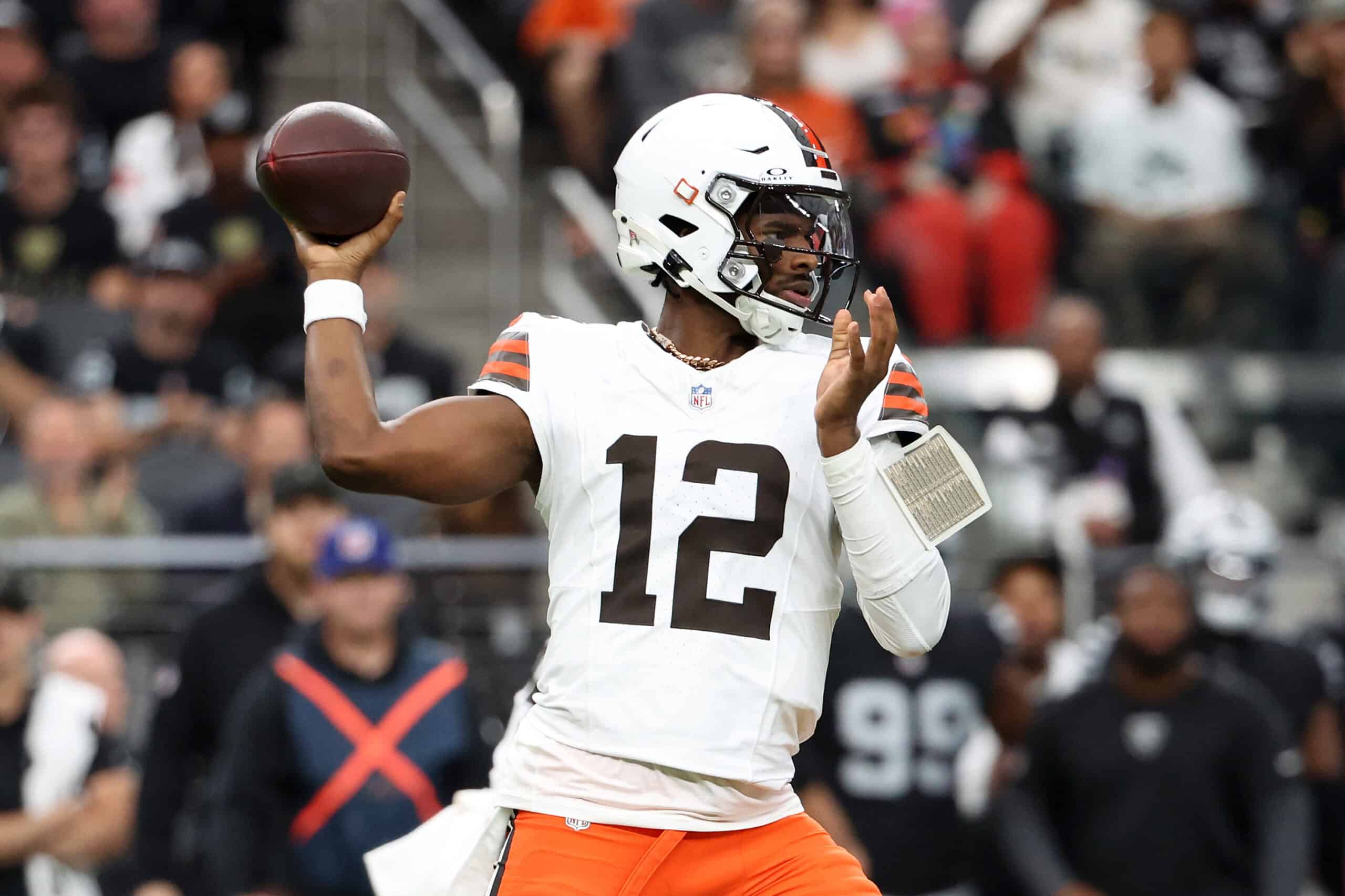LAS VEGAS, NEVADA - NOVEMBER 23: Shedeur Sanders #12 of the Cleveland Browns looks to pass the ball during the first quarter against the Las Vegas Raiders at Allegiant Stadium on November 23, 2025 in Las Vegas, Nevada.
