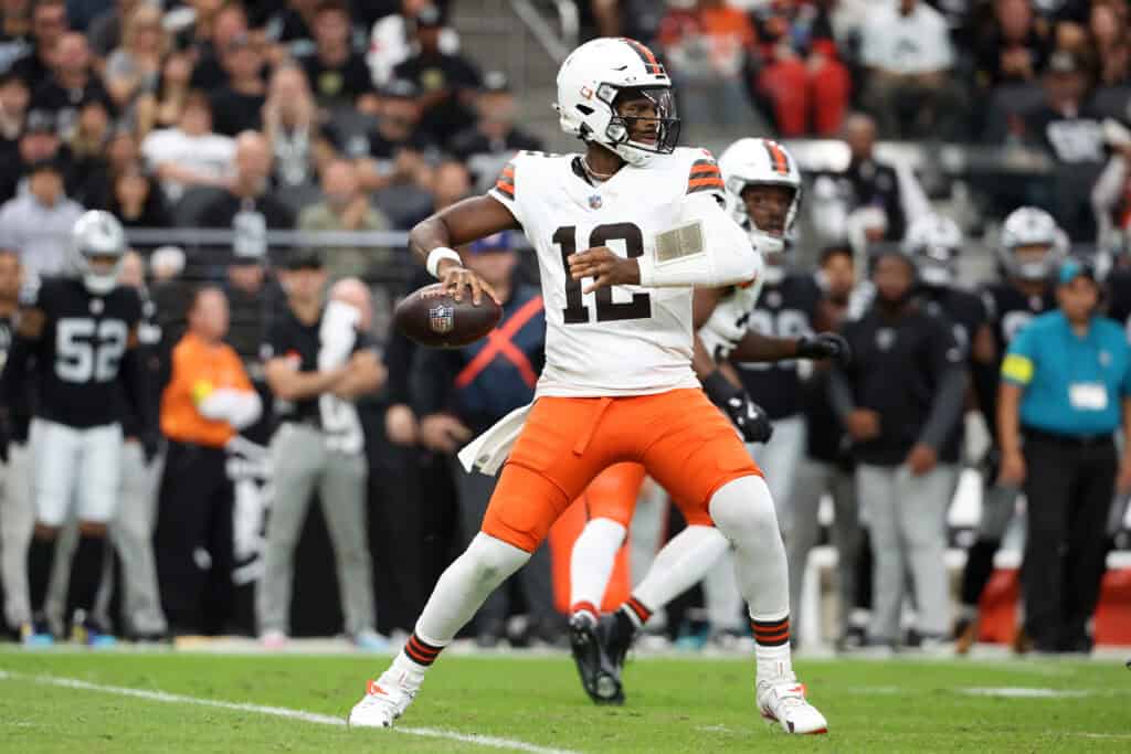 LAS VEGAS, NEVADA - NOVEMBER 23: Shedeur Sanders #12 of the Cleveland Browns looks to pass the ball during the first quarter against the Las Vegas Raiders at Allegiant Stadium on November 23, 2025 in Las Vegas, Nevada.