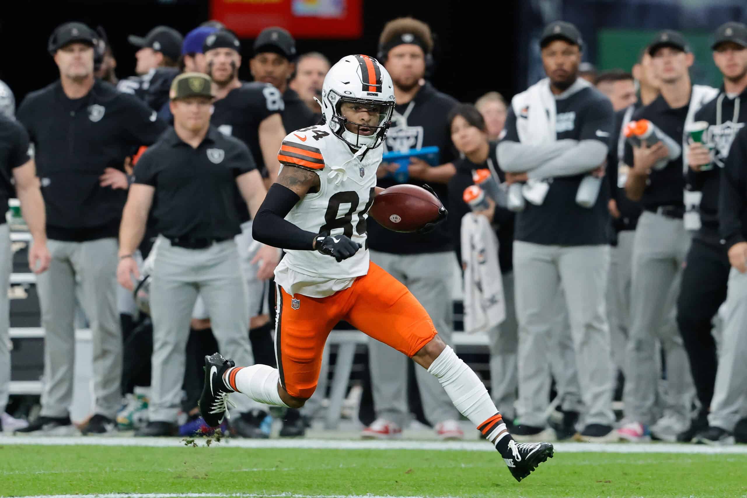 LAS VEGAS, NEVADA - NOVEMBER 23: Gage Larvadain #84 of the Cleveland Browns carries the ball during the first quarter against the Las Vegas Raiders at Allegiant Stadium on November 23, 2025 in Las Vegas, Nevada.