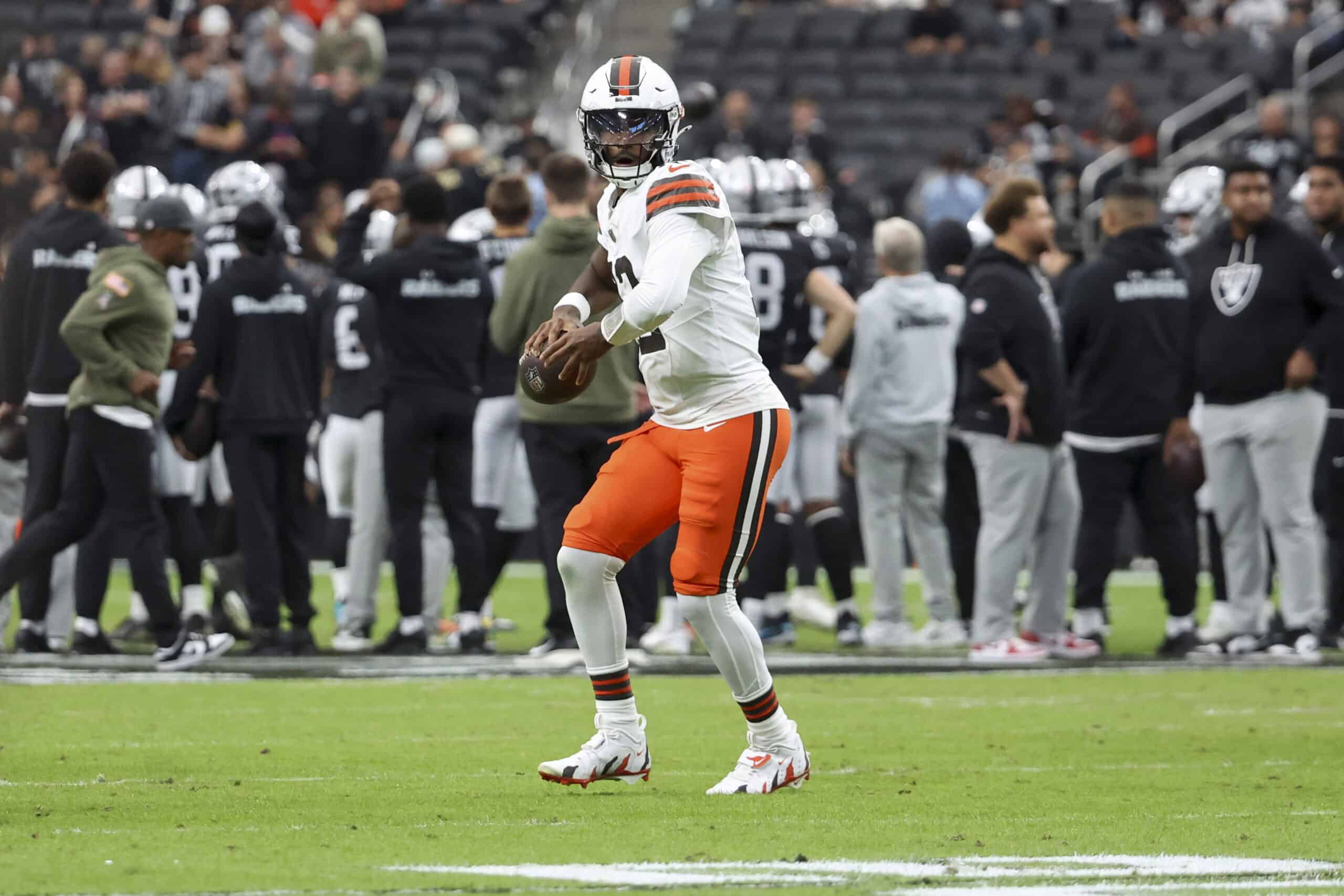 LAS VEGAS, NEVADA - NOVEMBER 23: Shedeur Sanders #12 of the Cleveland Browns warms up before a game against the Las Vegas Raiders at Allegiant Stadium on November 23, 2025 in Las Vegas, Nevada.