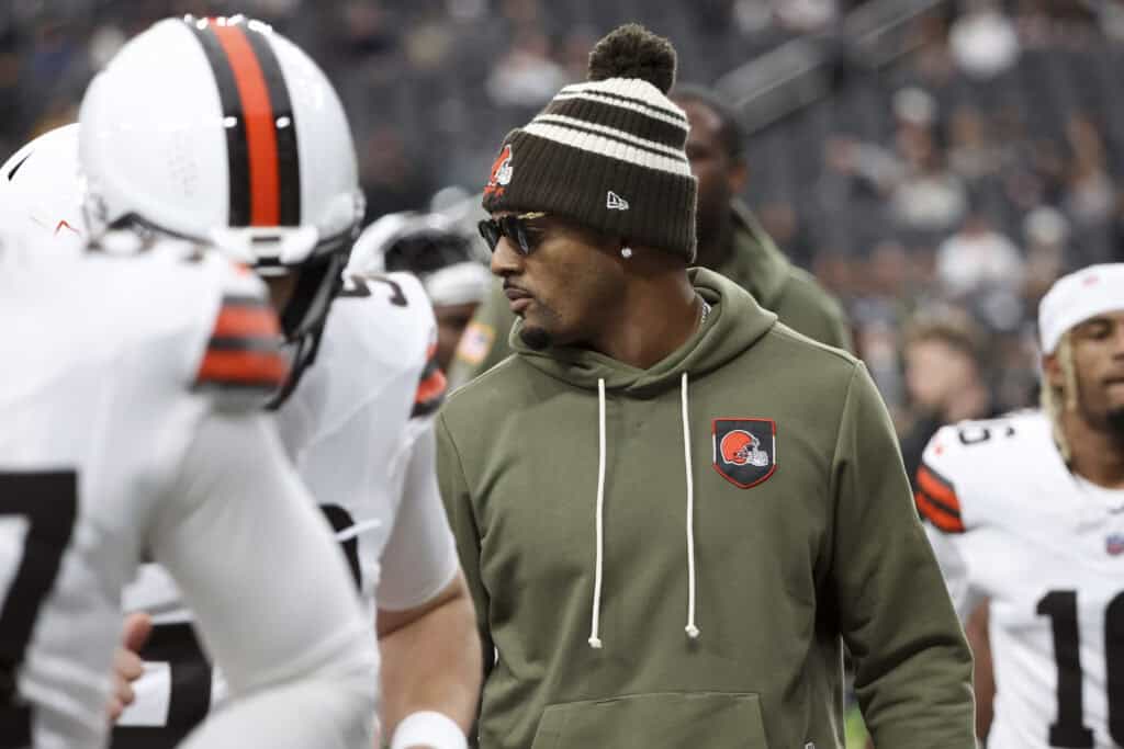 LAS VEGAS, NEVADA - NOVEMBER 23: Deshaun Watson #4 of the Cleveland Browns looks on before a game against the Las Vegas Raiders at Allegiant Stadium on November 23, 2025 in Las Vegas, Nevada.