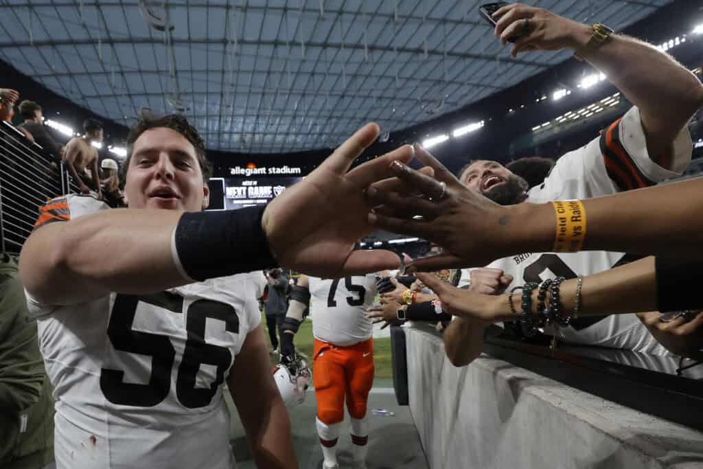 LAS VEGAS, NEVADA - NOVEMBER 23: Luke Wypler #56 of the Cleveland Browns interacts with fans after the game against the Las Vegas Raiders at Allegiant Stadium on November 23, 2025 in Las Vegas, Nevada.