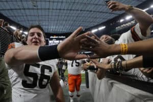 LAS VEGAS, NEVADA - NOVEMBER 23: Luke Wypler #56 of the Cleveland Browns interacts with fans after the game against the Las Vegas Raiders at Allegiant Stadium on November 23, 2025 in Las Vegas, Nevada.