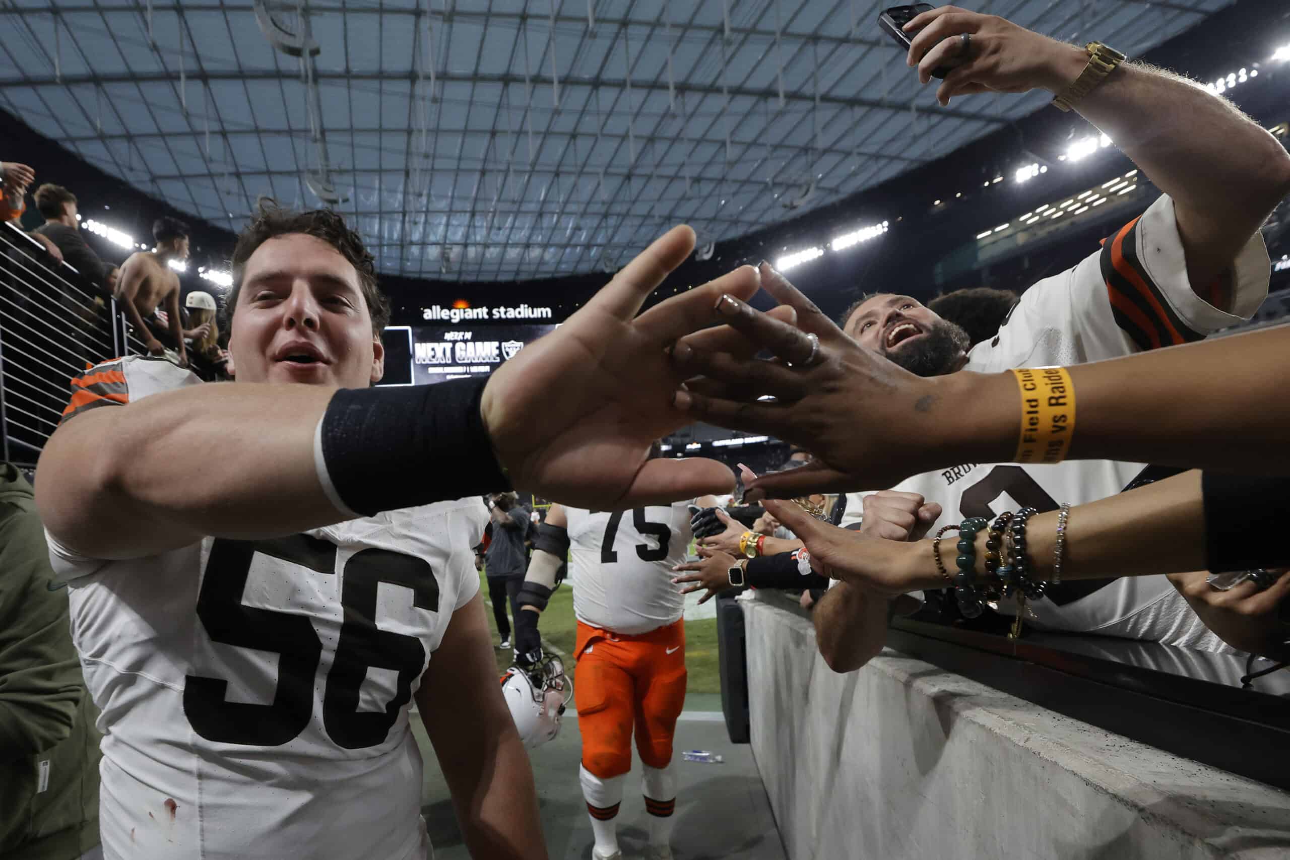 LAS VEGAS, NEVADA - NOVEMBER 23: Luke Wypler #56 of the Cleveland Browns interacts with fans after the game against the Las Vegas Raiders at Allegiant Stadium on November 23, 2025 in Las Vegas, Nevada.