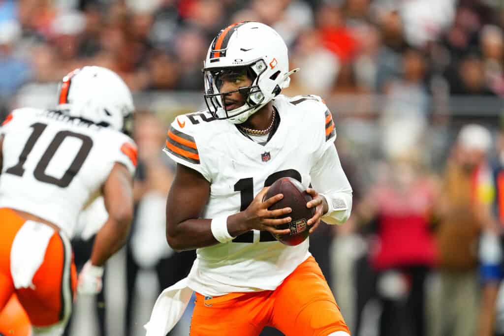 LAS VEGAS, NEVADA - NOVEMBER 23: Shedeur Sanders #12 of the Cleveland Browns looks to pass in the game against the Las Vegas Raiders at Allegiant Stadium on November 23, 2025 in Las Vegas, Nevada.