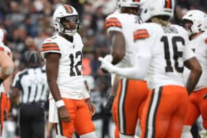 LAS VEGAS, NEVADA - NOVEMBER 23: Shedeur Sanders #12 of the Cleveland Browns looks on in the game against the Las Vegas Raiders at Allegiant Stadium on November 23, 2025 in Las Vegas, Nevada.