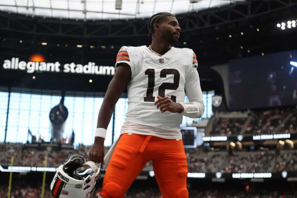 LAS VEGAS, NEVADA - NOVEMBER 23: Shedeur Sanders #12 of the Cleveland Browns looks on before the game against the Las Vegas Raiders at Allegiant Stadium on November 23, 2025 in Las Vegas, Nevada.