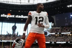 LAS VEGAS, NEVADA - NOVEMBER 23: Shedeur Sanders #12 of the Cleveland Browns looks on before the game against the Las Vegas Raiders at Allegiant Stadium on November 23, 2025 in Las Vegas, Nevada.