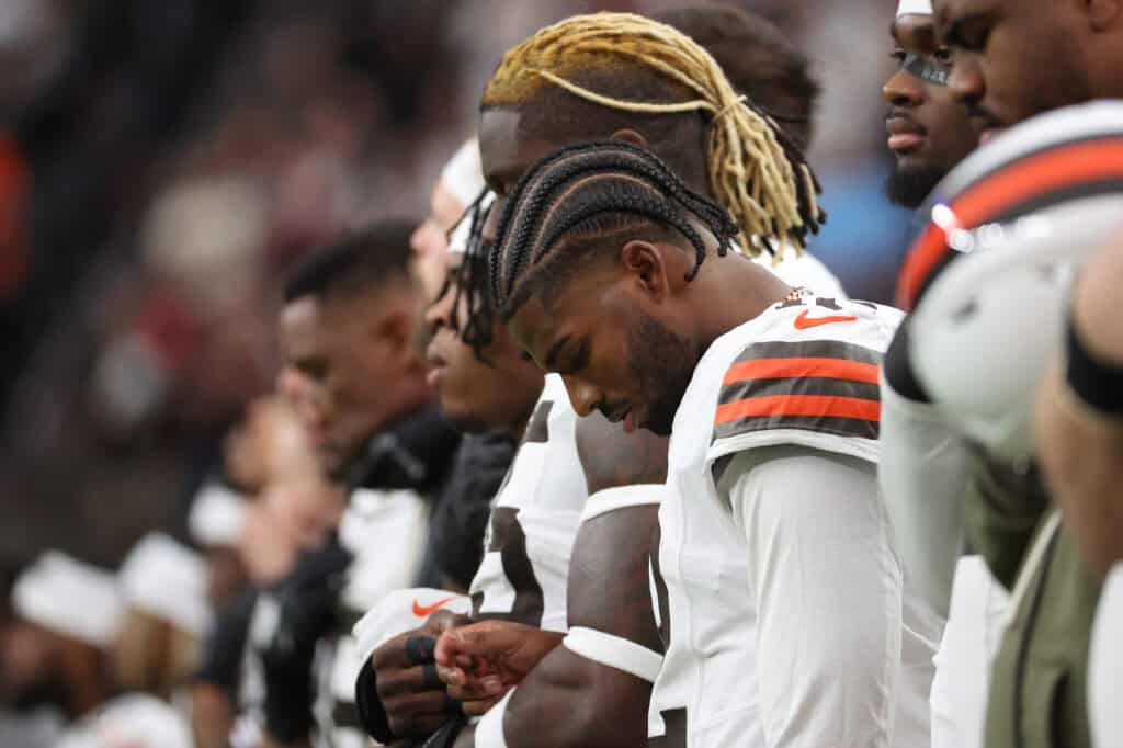 LAS VEGAS, NEVADA - NOVEMBER 23: Shedeur Sanders #12 of the Cleveland Browns looks on during the National Anthem in the game against the Las Vegas Raiders at Allegiant Stadium on November 23, 2025 in Las Vegas, Nevada.