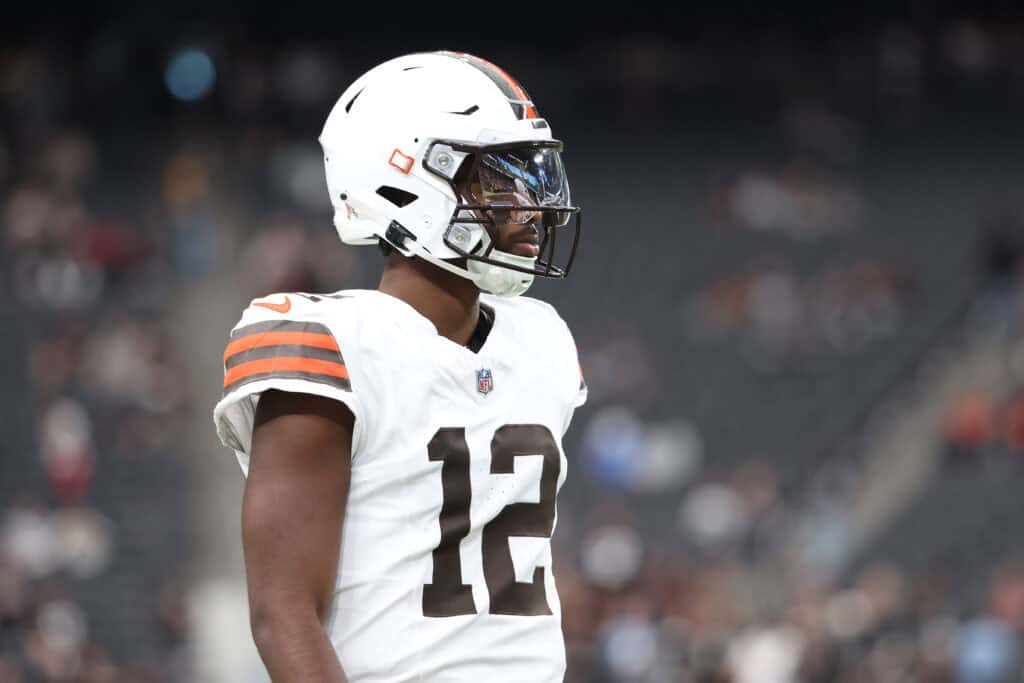 LAS VEGAS, NEVADA - NOVEMBER 23: Shedeur Sanders #12 of the Cleveland Browns looks on in the game against the Las Vegas Raiders at Allegiant Stadium on November 23, 2025 in Las Vegas, Nevada.