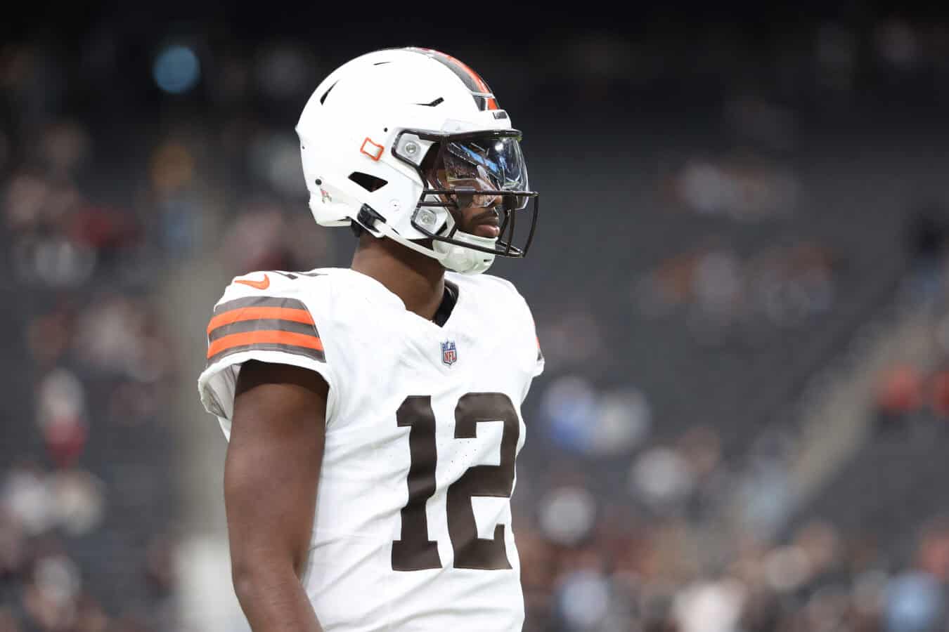 LAS VEGAS, NEVADA - NOVEMBER 23: Shedeur Sanders #12 of the Cleveland Browns looks on in the game against the Las Vegas Raiders at Allegiant Stadium on November 23, 2025 in Las Vegas, Nevada.