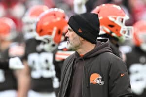 CLEVELAND, OHIO - NOVEMBER 30: Head coach Kevin Stefanski of the Cleveland Browns looks on before the game against the San Francisco 49ers at Huntington Bank Field on November 30, 2025 in Cleveland, Ohio.