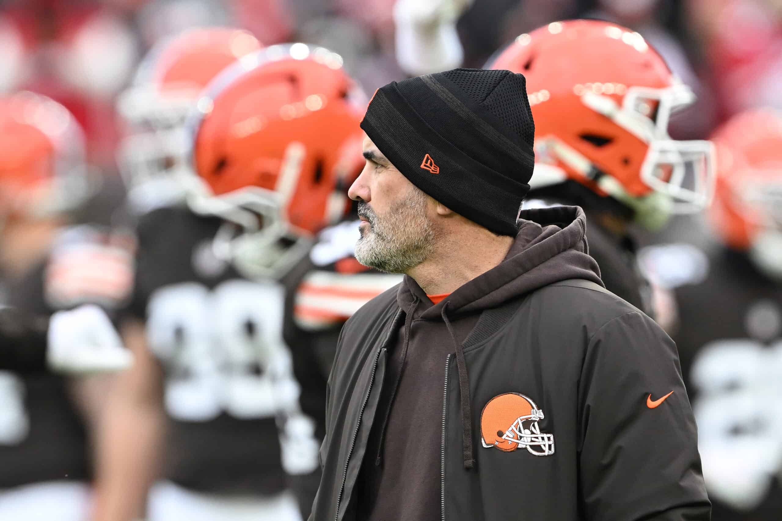 CLEVELAND, OHIO - NOVEMBER 30: Head coach Kevin Stefanski of the Cleveland Browns looks on before the game against the San Francisco 49ers at Huntington Bank Field on November 30, 2025 in Cleveland, Ohio.